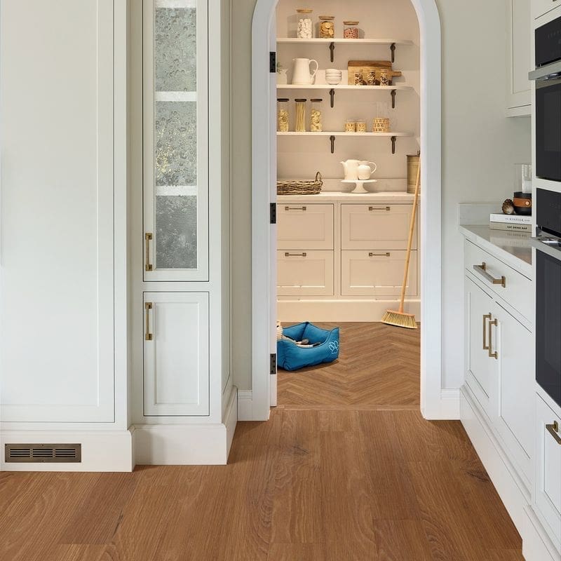 Bologna oak luxury vinyl flooring installed in kitchen and pantry area