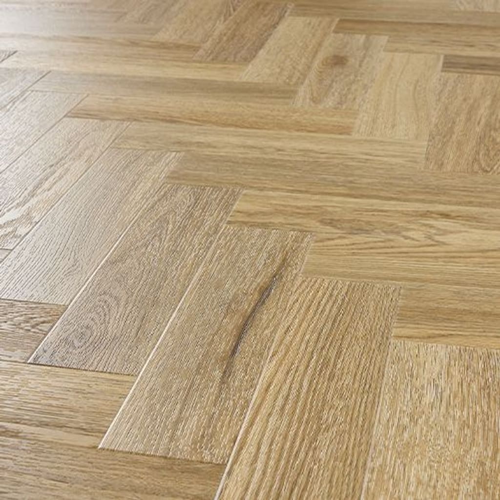 Angled perspective of installed Abingdon Mosaic Weathered Cedar herringbone flooring