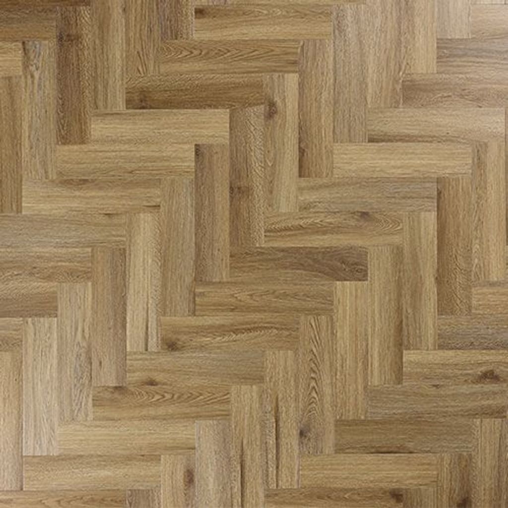 Top down view of Abingdon Tapestry Chestnut luxury vinyl flooring in a herringbone parquet pattern